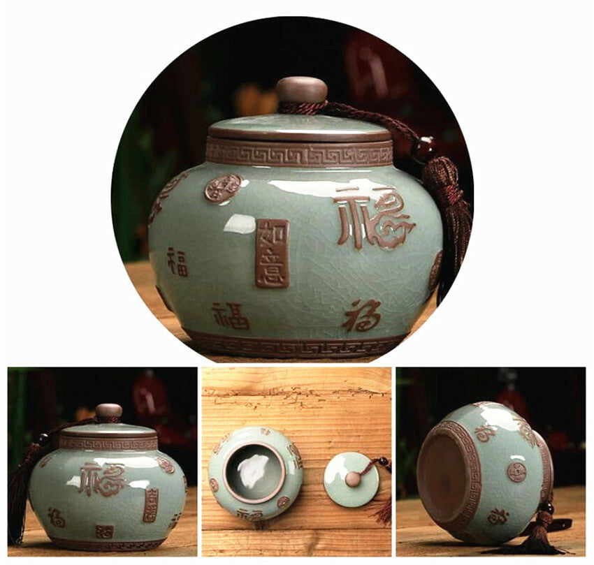 Luck Porcelain Embossed Tea Tin Storage CeladonTea Canister Tea Caddy Tea Set