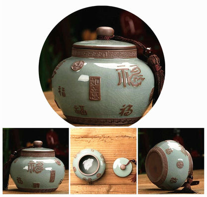 Luck Porcelain Embossed Tea Tin Storage CeladonTea Canister Tea Caddy Tea Set