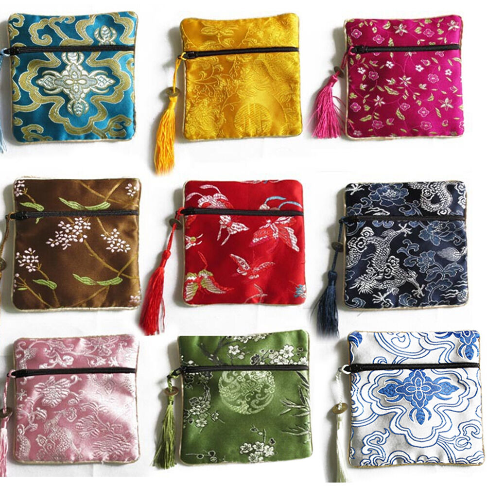 10PCS Mix Colors Chinese Zipper Coin Tassel Silk Square Jewelry Bags Pouch-ca