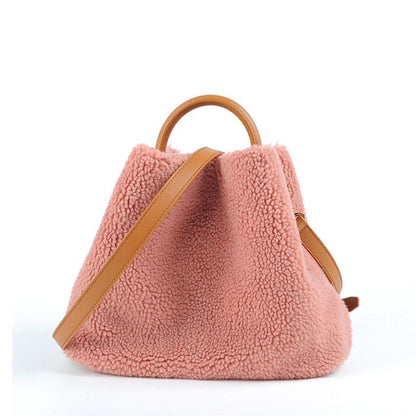Genuine Leather Bag Lamb Wool Commuter Bag Real Leather Purse Bucket Bags Hasp