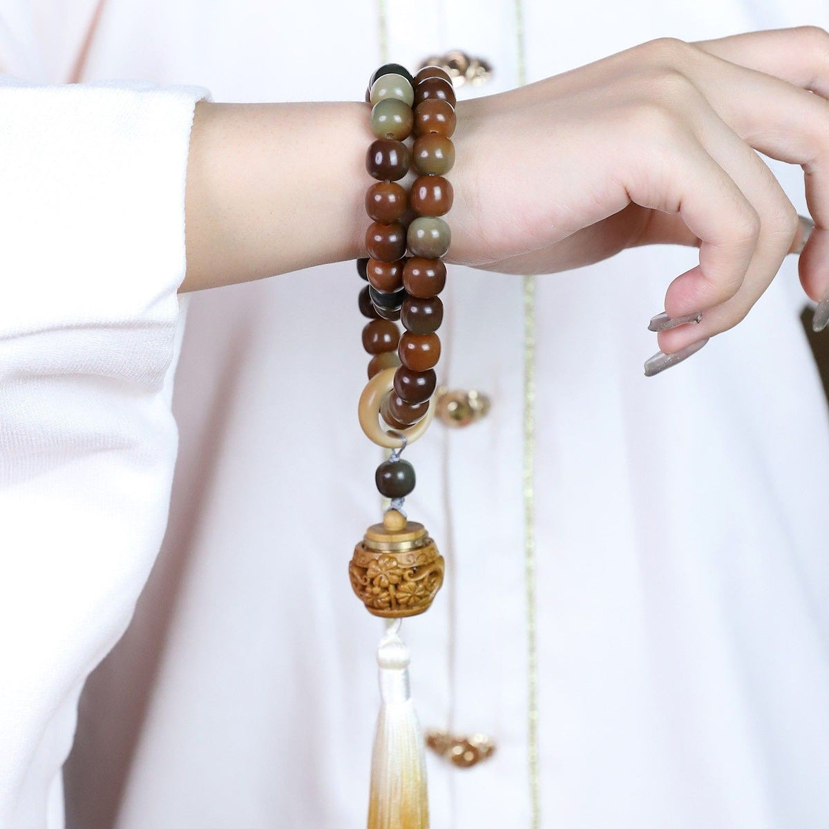 Dunhuang Flying Apsara White Jade Bodhi Mala Bracelet Prayer Beads