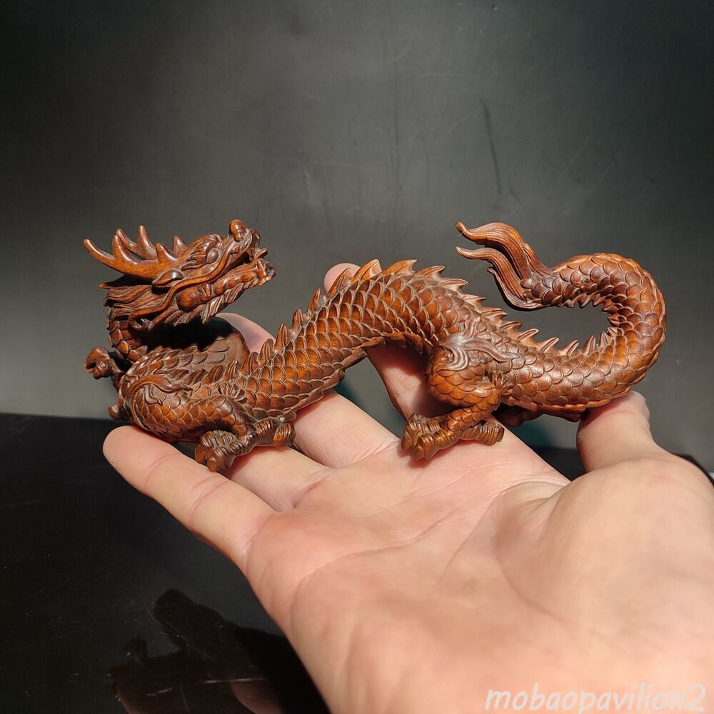 6.3" Wood carved Ornament chinese dragon statue fengshui Loong sculpture art