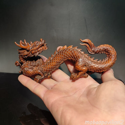 6.3" Wood carved Ornament chinese dragon statue fengshui Loong sculpture art