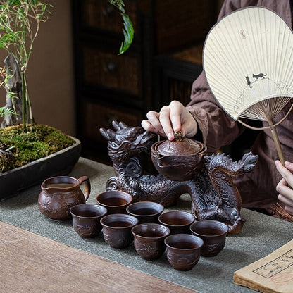 Half Automatic Tea Set Ceramic Dragon Design Gaiwan Matching Pitcher Tea Cups