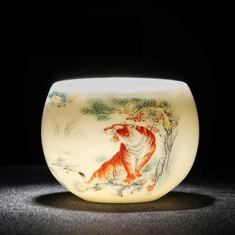 Jade Ceramic Tea Cup Zodiac Tiger Tea Cup Master Cup White Porcelain Tea Set