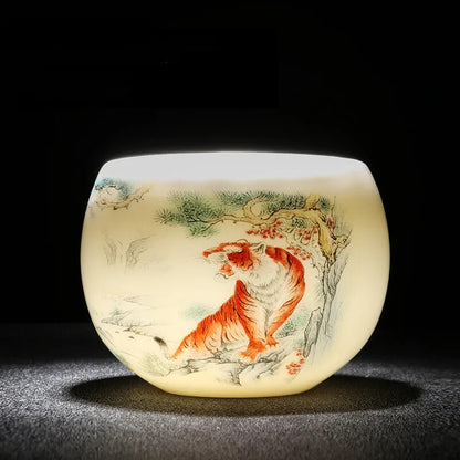Jade Ceramic Tea Cup Zodiac Tiger Tea Cup Master Cup White Porcelain Tea Set