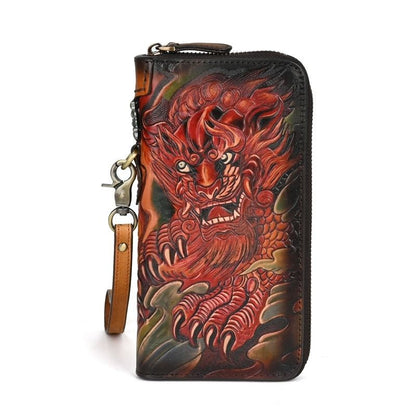 Chinese Style Leather Carved Pixiu Wallet Top Layer Cowhide Long Clutch Purse