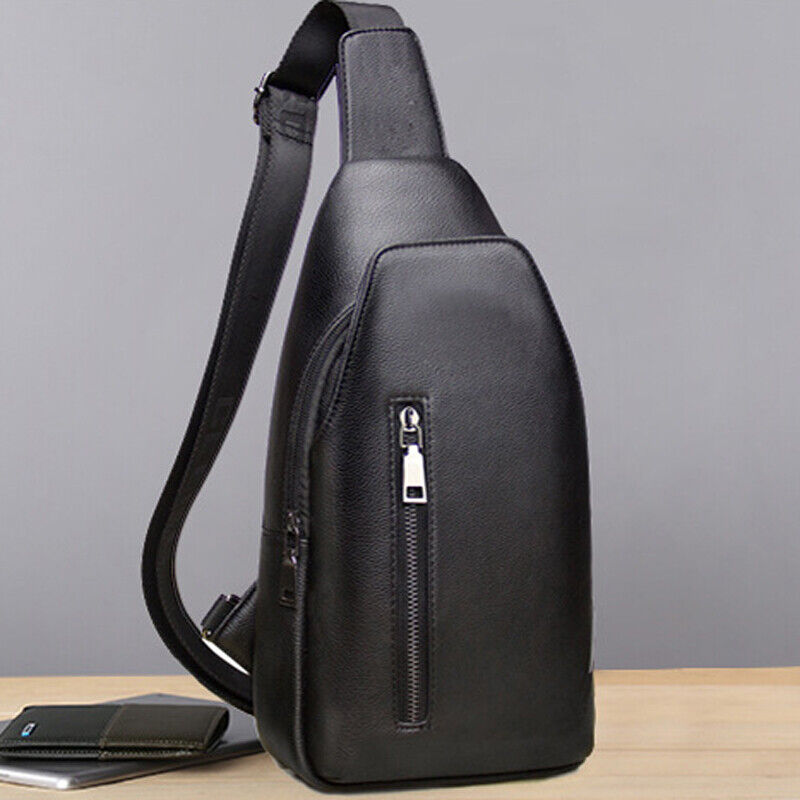 Black Sling Backpack Mens Genuine Leather Crossbody Chest Bag Sling Shoulder Bag
