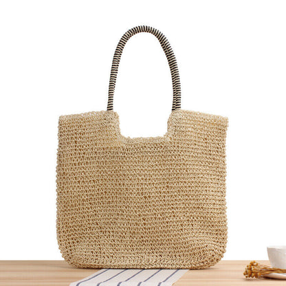 New Womens Simple Solid Tote Bag One-shoulder Straw Bag Summer Beach Bag
