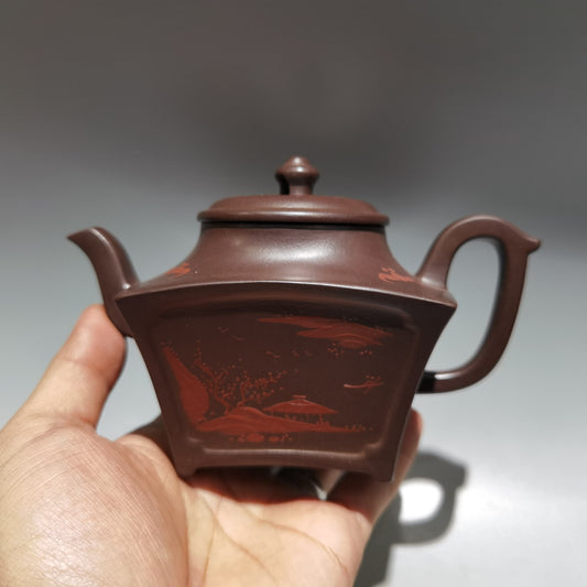 6.2" Chinese Yixing Zisha Pottery Old Purple Clay 220CC Four Directions Teapot