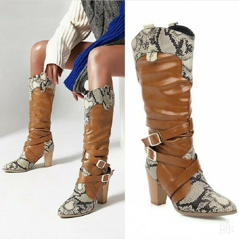 Size 34-47 Women Cowboy Buckle Strap Knee High Western Riding Boots Splice Color