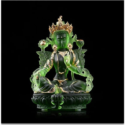 12.8cm Glass Green Tara Buddha Statue Chinese Zen Temple Feng Shui Ornament
