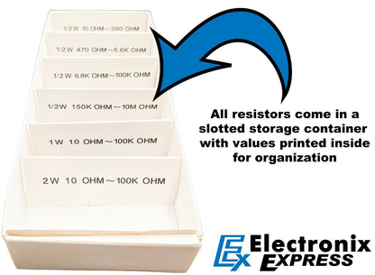 340 Piece Resistor Kit - Includes Assortment of ½ Watt, 1W, and 2W Resistors
