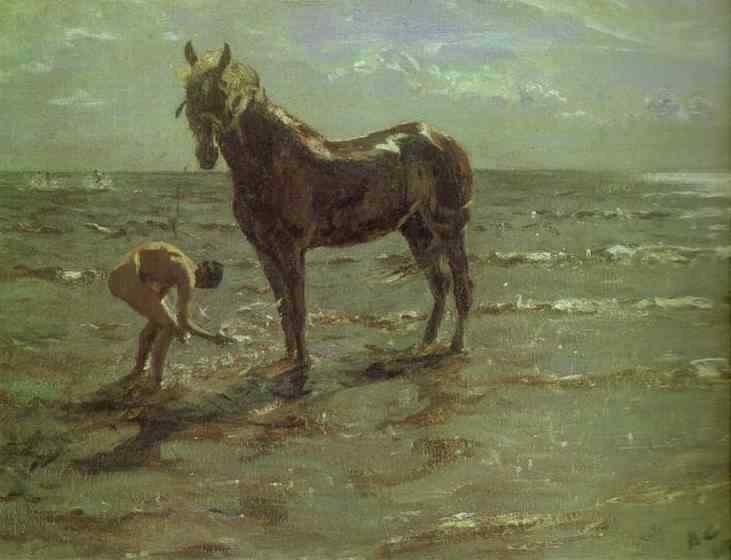Oil painting bathing_of_horse_the_russian_museum boy & horse by river on canvas