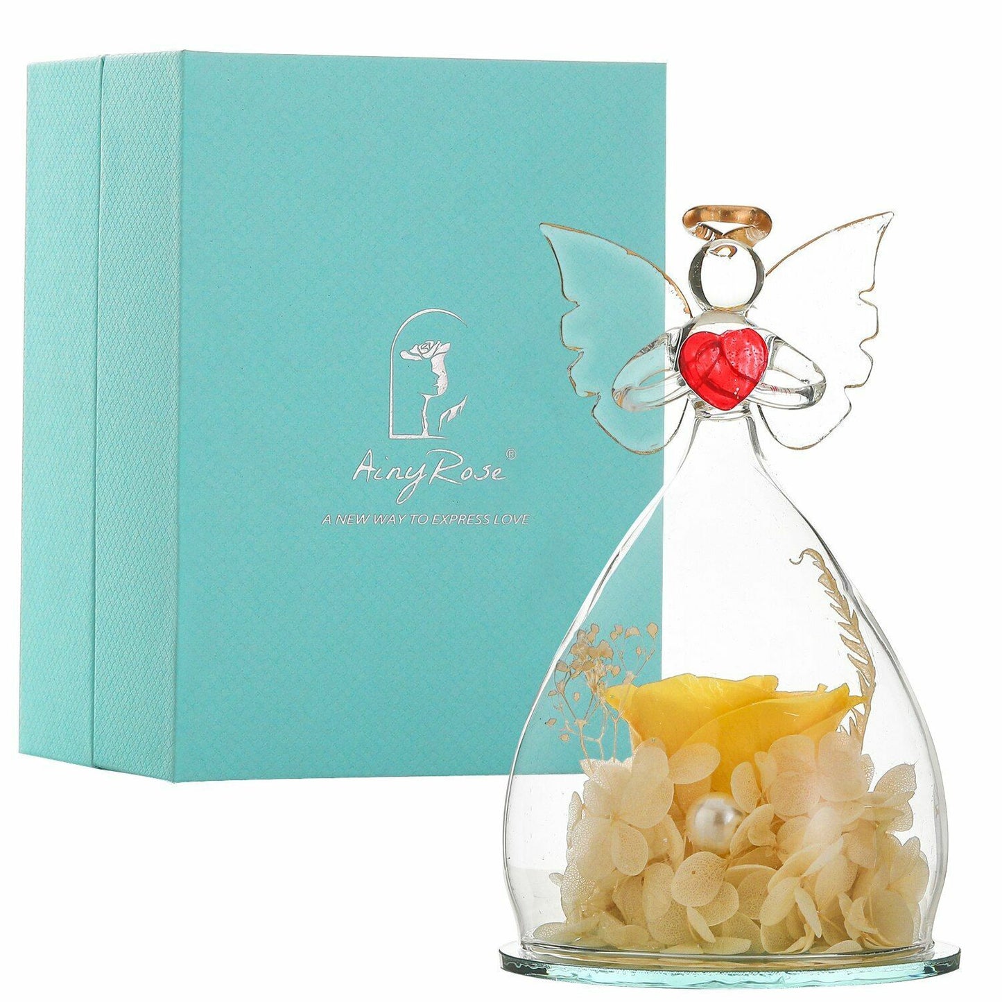 Real Rose Angel In Glass Dome Preserved Flowers Wedding Birthday Gifts 2.9 x4.3"