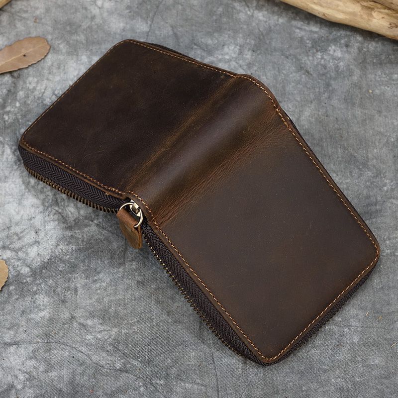 Genuine Leather Zipper Wallet Cowskin Short Purse Coin Pocket Zip Card Bag Small