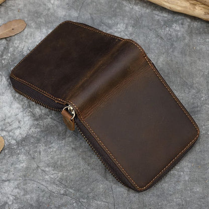 Genuine Leather Zipper Wallet Cowskin Short Purse Coin Pocket Zip Card Bag Small