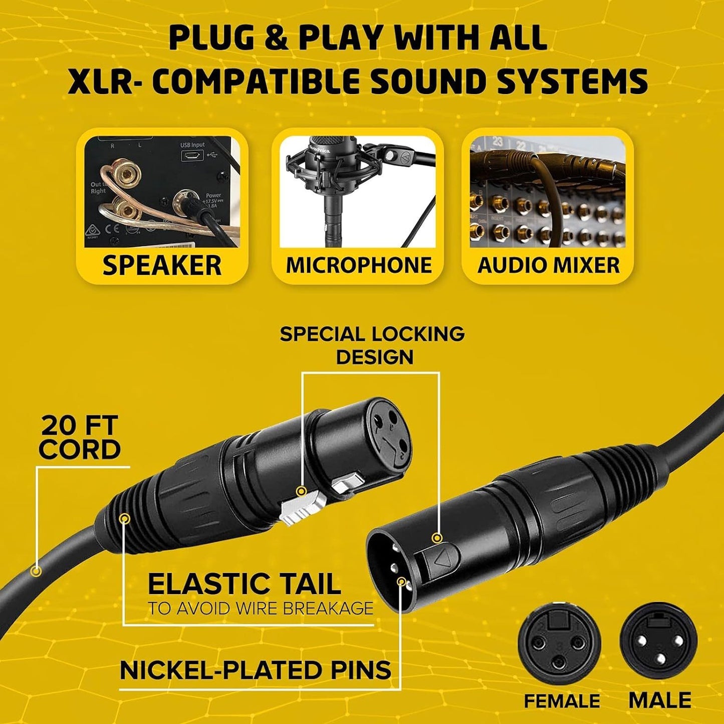 XLR Male to Female Microphone Cable Balanced 3 Pin Mic Connector Extension Cord