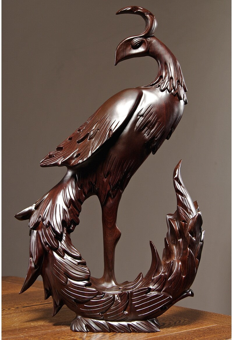 Solid Ebony Wood Carved Chinese Phoenix Statue Sculpture Feng Shui Decor