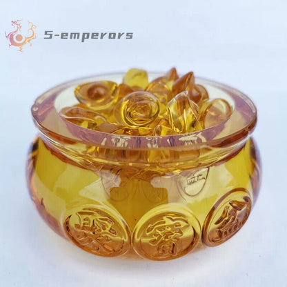 Feng Shui Paperweight Crystal Cornucopia Glass Treasure Bowl with Ingots Coins