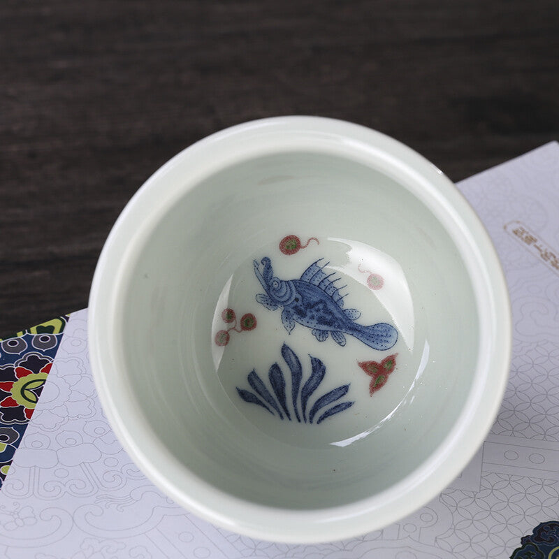 2.7" Chinese Blue-and-white Porcelain Red Glaze Lotus Pond Animal Fish Cup