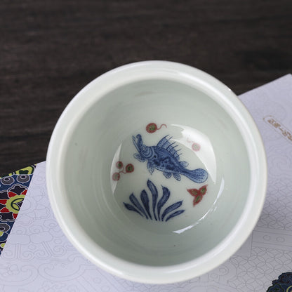 2.7" Chinese Blue-and-white Porcelain Red Glaze Lotus Pond Animal Fish Cup