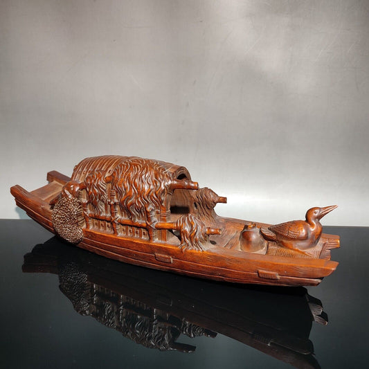 10" vintage wood carving modern home decor wooden statue sculpture Boxwood boat