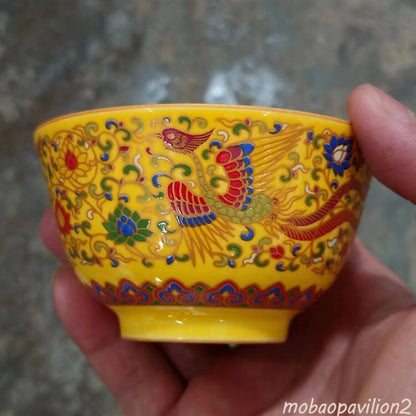 3.3" Collect Antique Chinese Ming Porcelain Yellow Glaze Phoenix Cup