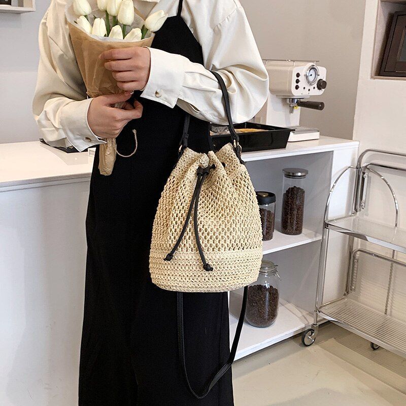 Drawstring Straw Bucket Bag Woven Shoulder Purse Handbag Polyester Crossbody Bag