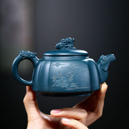 Handmade Tea Pot Marked Chinese Character Carved Master Pot Mascot Statue Zisha