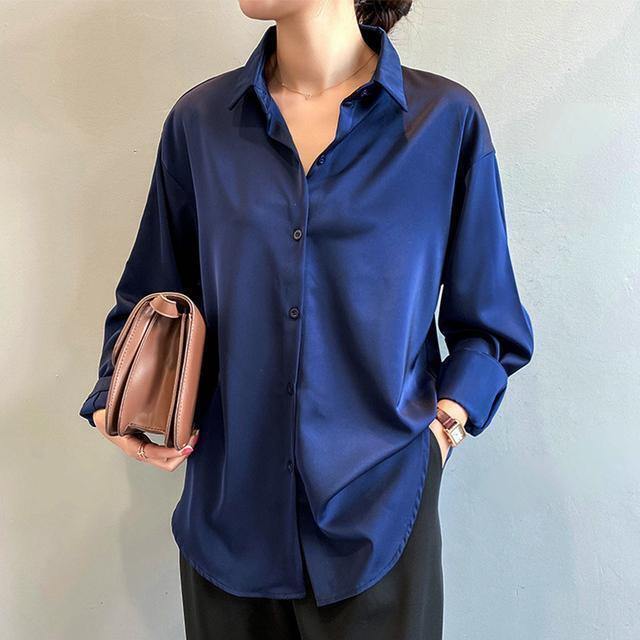 Color Ladies Baggy Solid Button-up Work Tops Blouse Women Long Sleeve Satin Silk