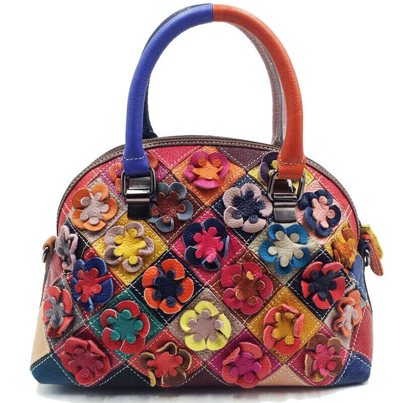 Designer Cow Leather Colorful Floral Patchwork Handbag Women's Tote Shoulder Bag