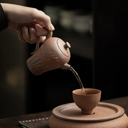 140ml Chinese Rough Pottery Old Rock Mud Relief Lotus Teapot Kungfu Teaware
