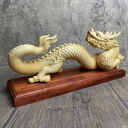 9" Long Boxwood Carved Dragon Statue Woodwork Sculpture Feng Shui Decor