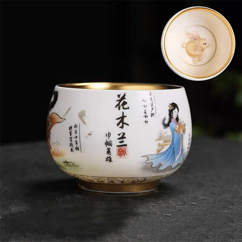 Gilding Hand Painted Tea Cup Fat Mutton Jade Porcelain Master Cup 190ml Tea Cup