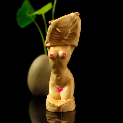 Boxwood Carved Beauty Girl Statue Undressing Figurine Model Artwork Collect