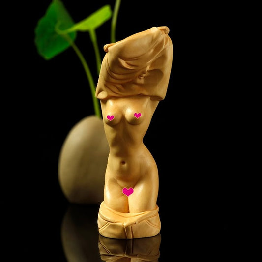 Boxwood Carved Beauty Girl Statue Undressing Figurine Model Artwork Collect