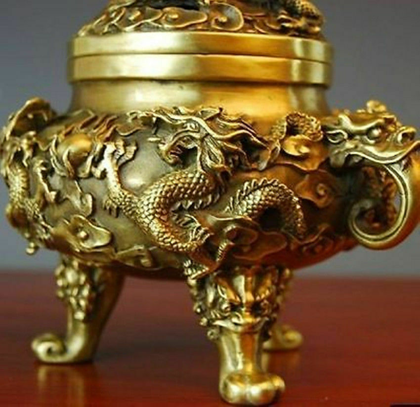 Chinese Hua Li Brass Nine Dragons Kowloon Incense Burner Decor Collected