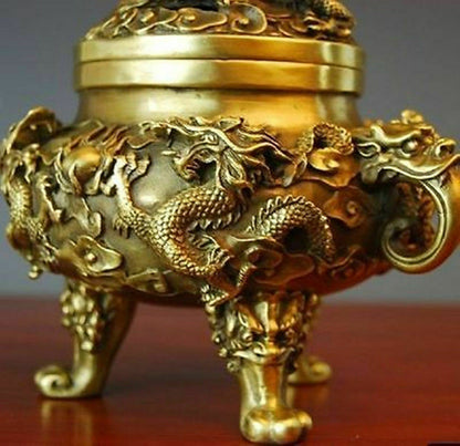 Chinese Hua Li Brass Nine Dragons Kowloon Incense Burner Decor Collected