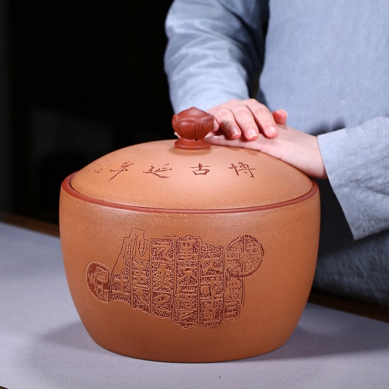 Traditional Handmade Tea Canister Real Yixing Zisha Jiangpo Clay Marked Jar Lid