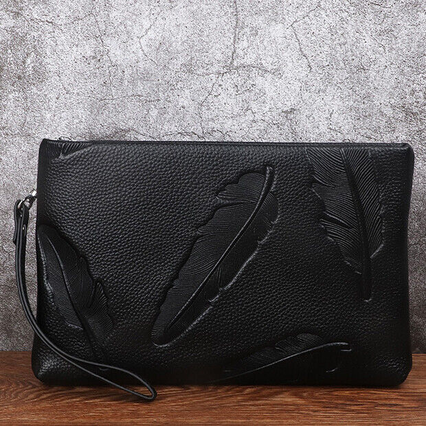 100% Genuine Leather Men Black Wallet Clutch Leaves Embossed Zipper Envelope Bag