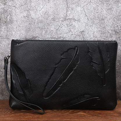 100% Genuine Leather Men Black Wallet Clutch Leaves Embossed Zipper Envelope Bag
