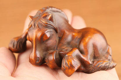 Fortune Japanese boxwood hand carved horse statue netsuke collectable home deco