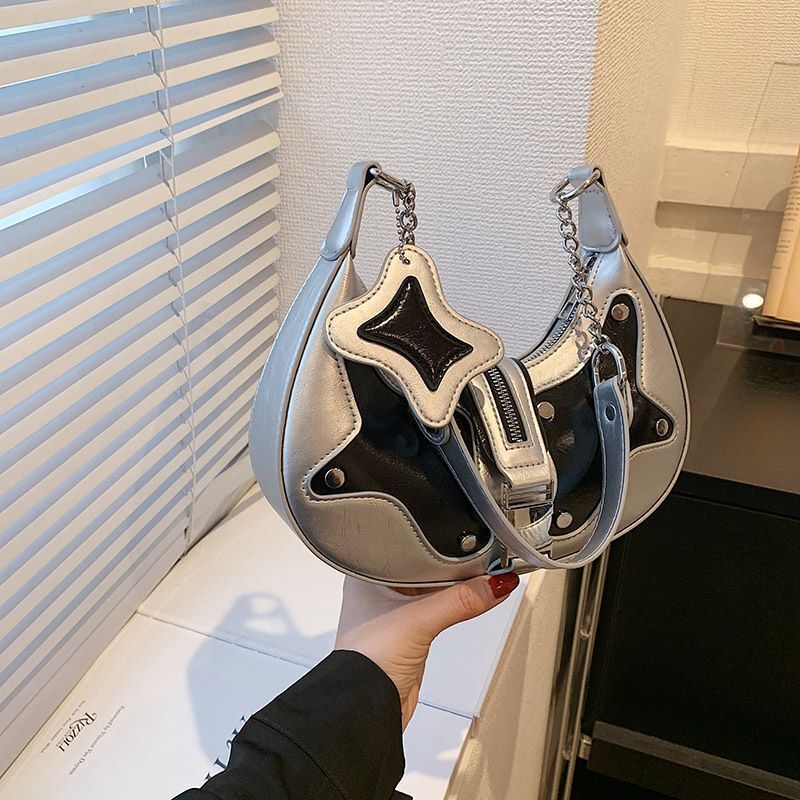 Silver Shoulder Bag Synthetic Leather Rivets Handbag Vintage Purse 25*16*7 cm