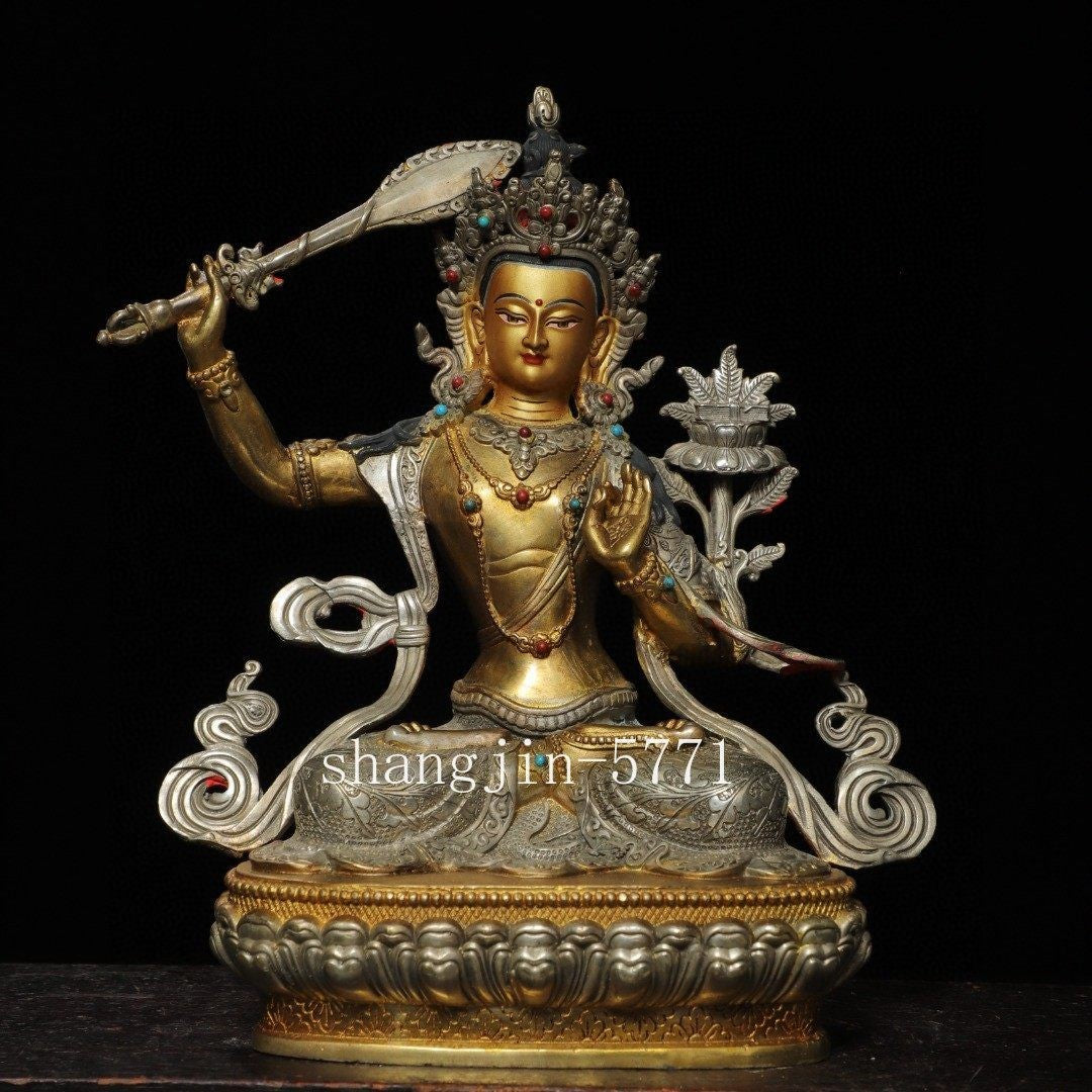 12.2"Xizang Buddhism Temple Bronze Hold Sword Manjushri Tara Buddha Statue