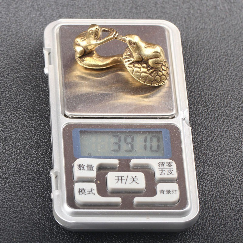 Solid Brass Frog on Mushroom Figurine Miniature Tea Pet Ornament Animal Statue