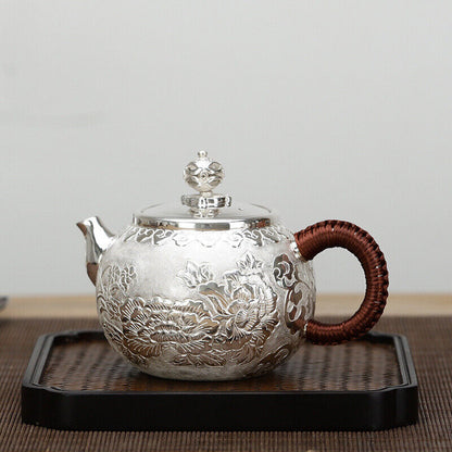 Sterling Silver Tea Set Stove Kettle Tea Pot Tea Cups Handmade Wealth Blooms Set