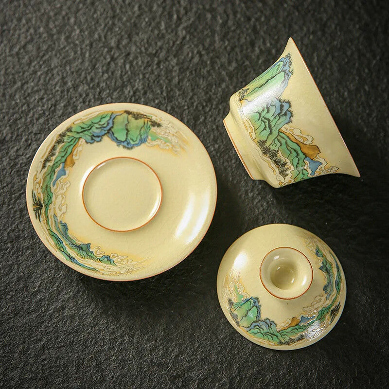 Handmade Retro Gracked Glaze Ceramic Tea Bowl, Large Beige Ru Ware Gaiwan