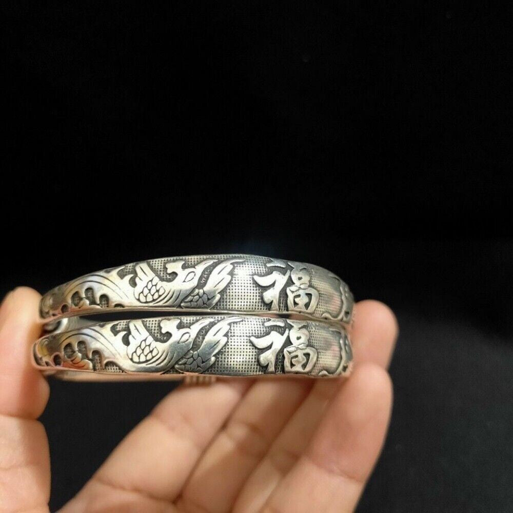 A Pair Old Chinese Tibet Silver Handcarved Dragon Phoenix Bracelets 9034