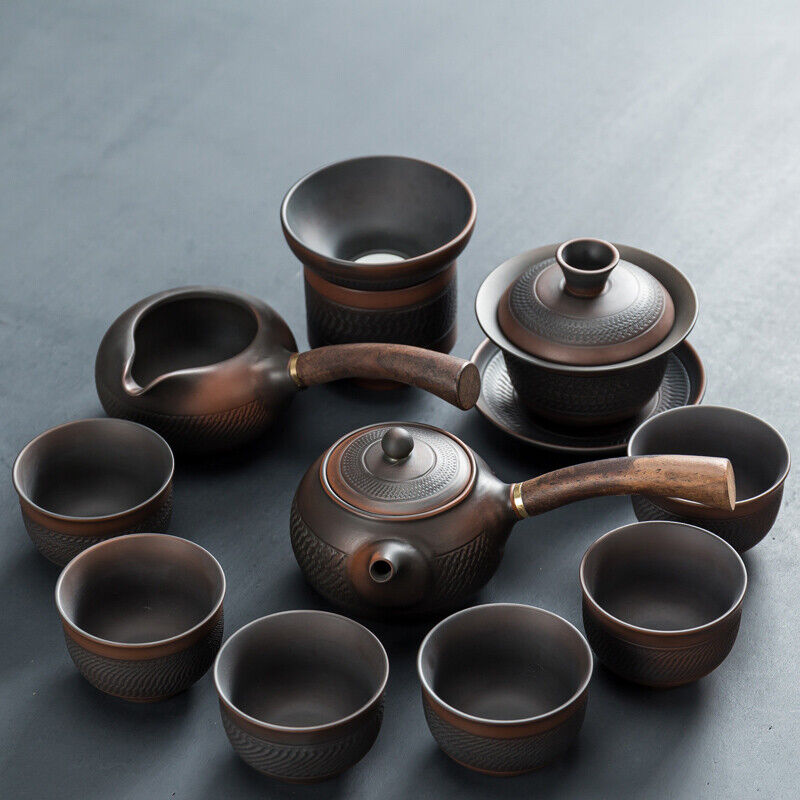 Complete Tea Set Purple Pottery Kungfu Tea Set Pot With Wood Handle Cup Gaiwan